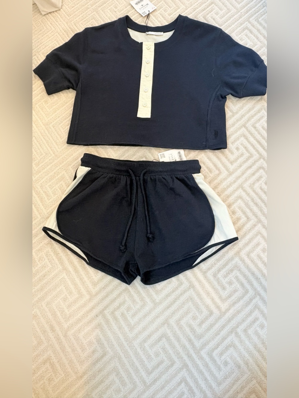 Zara Navy Two Piece Lounge Set Henley Top M & Contrast Shorts S Co Ord